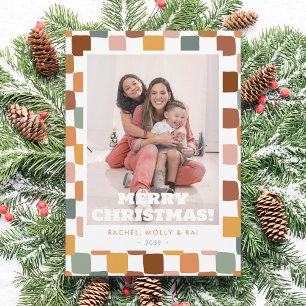 Retro Groovy Chequered Family Photo Fun Christmas Holiday Card