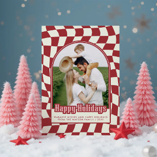 Retro Groovy Chequered Happy Holidays Photo Holiday Card