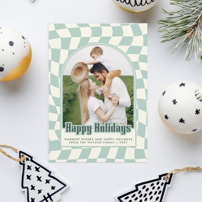 Retro Groovy Chequered Happy Holidays Photo Holiday Postcard (Retro Groovy Checkered Happy Holidays Photo Holiday PostCard)