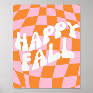 Retro Groovy Chequered Pink And Orange Fall Wall  Poster