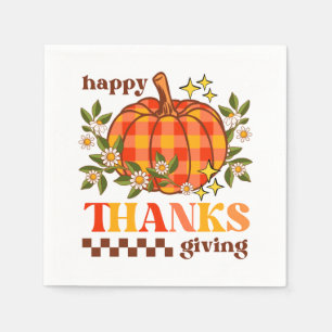 Retro Groovy Chequered Pumpkin Daisy Thanksgiving Napkin