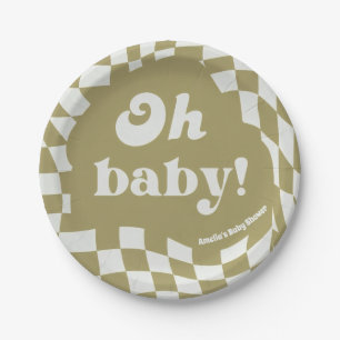 Retro Groovy Chequered Sage Green Oh Baby Paper  Plate