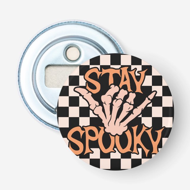 Retro Groovy Chequered Stay Spooky Halloween Bottle Opener (Front)