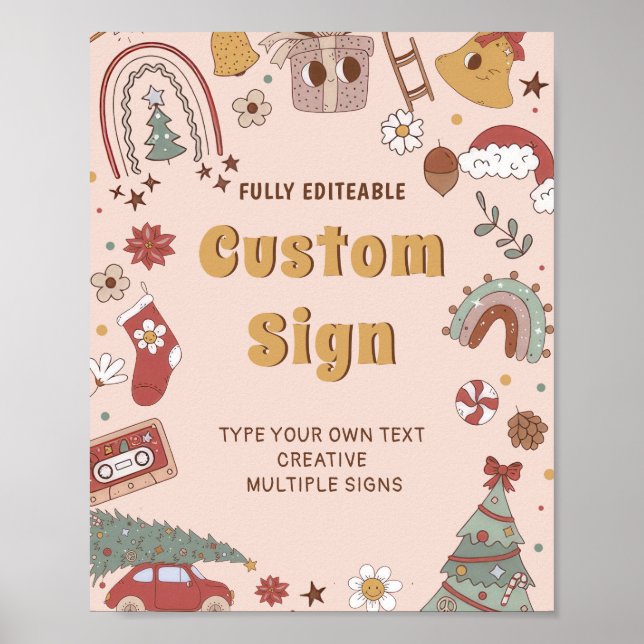 Retro Groovy Christmas Birthday Party Table Sign (Front)