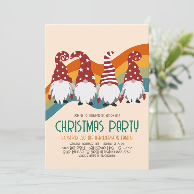 Retro Groovy Christmas Gnomes Holiday Party Invitation (Standing Front)