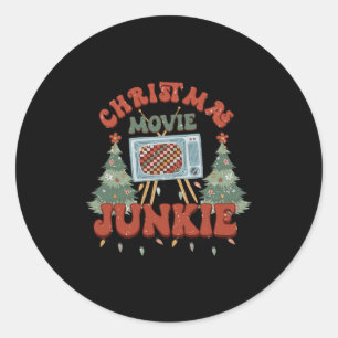 Retro Groovy Christmas Movie Junkie Merry Xmas Tre Classic Round Sticker