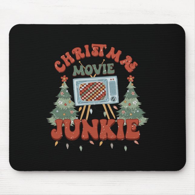 Retro Groovy Christmas Movie Junkie Merry Xmas Tre Mouse Pad (Front)