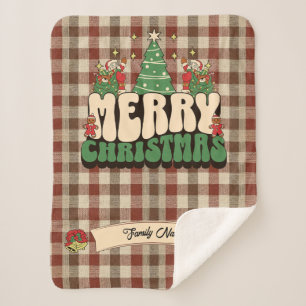 Retro Groovy Christmas Plaid Family Name Sherpa Blanket