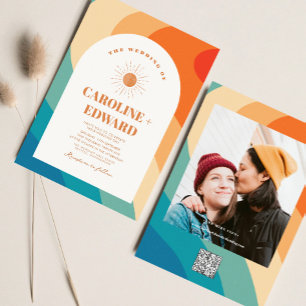 Retro Groovy Colorful Wavy Boho Wedding Qr Code  Business Card