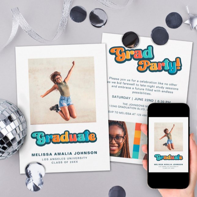 Retro groovy colour 3 photo Grad Party informal Invitation (Creator Uploaded)