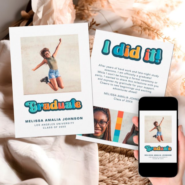 Retro groovy colour 3 photo Graduation announcemen Invitation (Creator Uploaded)