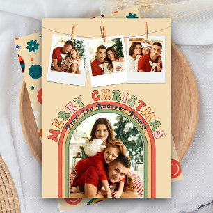Retro Groovy Colourful 4 Photo Beige Christmas Holiday Card
