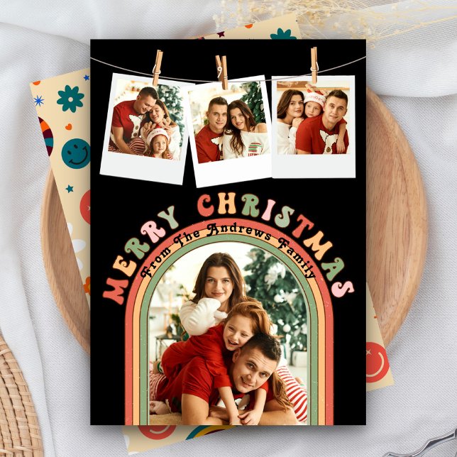 Retro Groovy Colourful 4 Photo Black Christmas Holiday Card (Creator Uploaded)