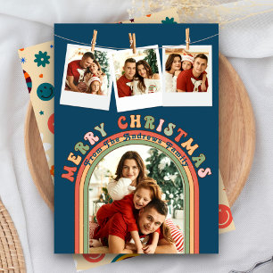 Retro Groovy Colourful 4 Photo Blue Christmas Holiday Card
