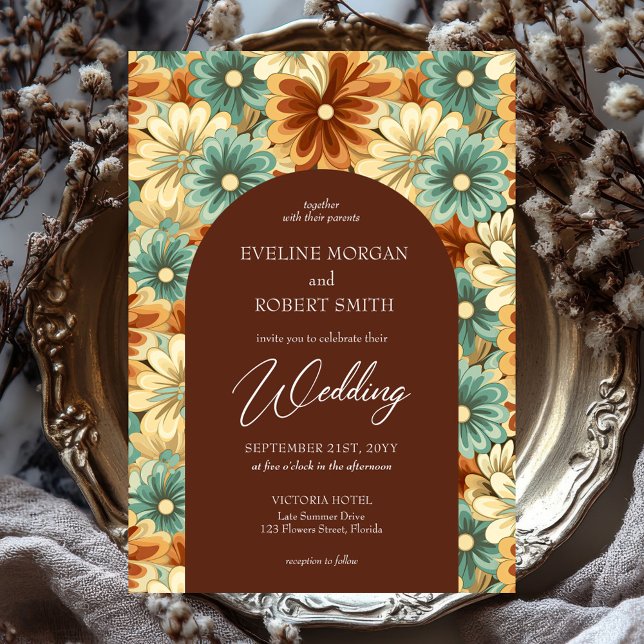 Retro groovy colourful flowers arch wedding invitation (retro groovy colorful flowers wedding invitation)