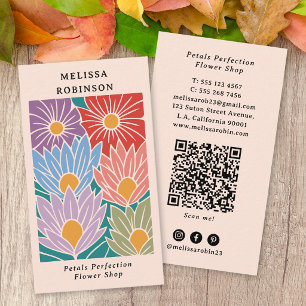 Retro Groovy Colourful Flowers QR Code Florist Business Card