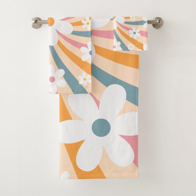 Retro Groovy Colourful Sunshine Daisy Floral Hippi Bath Towel Set (Insitu)