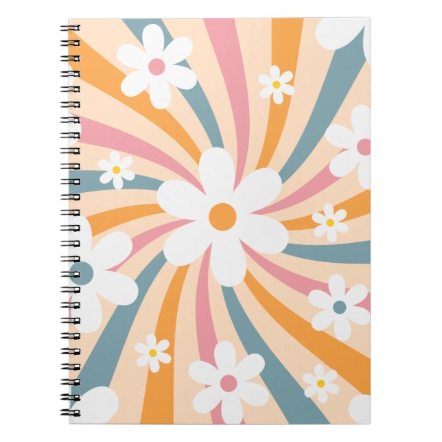 Retro Groovy Colourful Sunshine Daisy Floral Hippi Notebook (Front)