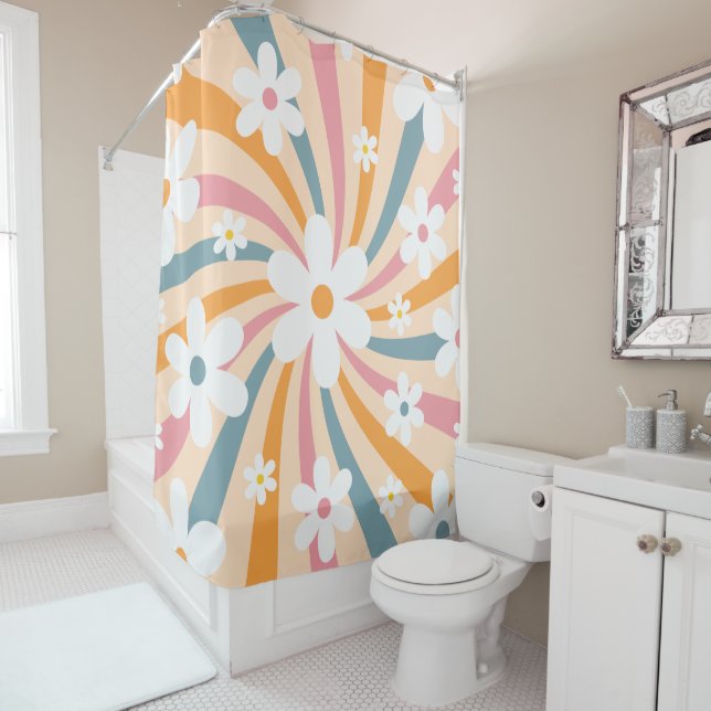 Retro Groovy Colourful Sunshine Daisy Floral Hippi Shower Curtain (In Situ)