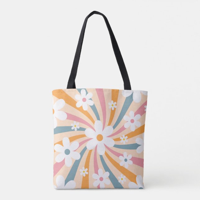 Retro Groovy Colourful Sunshine Daisy Floral Hippi Tote Bag (Back)