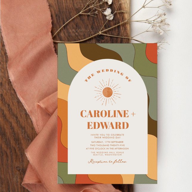 Retro Groovy Colourful Wavy Boho Wedding Qr Code  Invitation (Creator Uploaded)