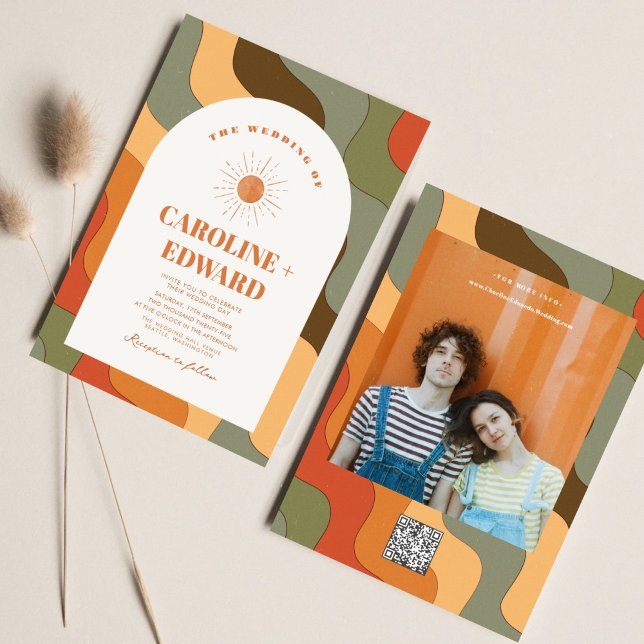 Retro Groovy Colourful Wavy Boho Wedding Qr Code  Invitation (Creator Uploaded)