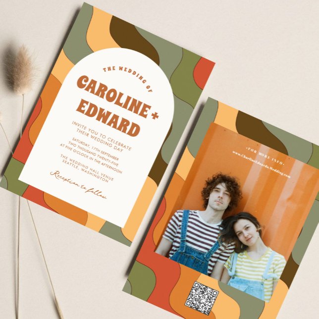 Retro Groovy Colourful Wavy Boho Wedding Qr Code Invitation (Creator Uploaded)