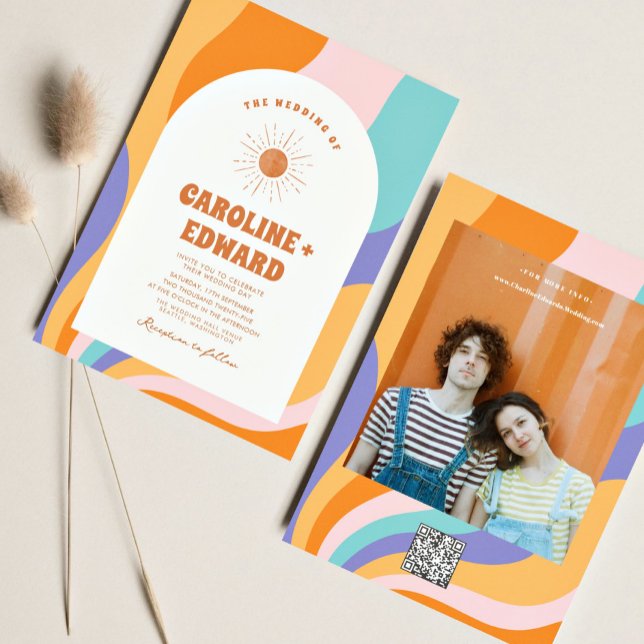 Retro Groovy Colourful Wavy Boho Wedding Qr Code  Invitation (Creator Uploaded)