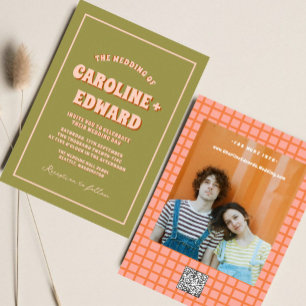 Retro Groovy Colourful Wavy Boho Wedding Qr Code Invitation