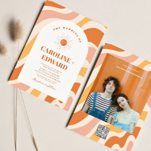 Retro Groovy Colourful Wavy Boho Wedding Qr Code  Invitation