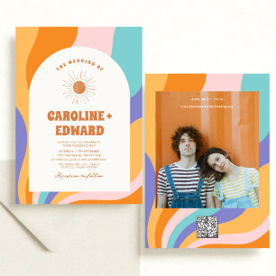 Retro Groovy Colourful Wavy Boho Wedding Qr Code  Invitation
