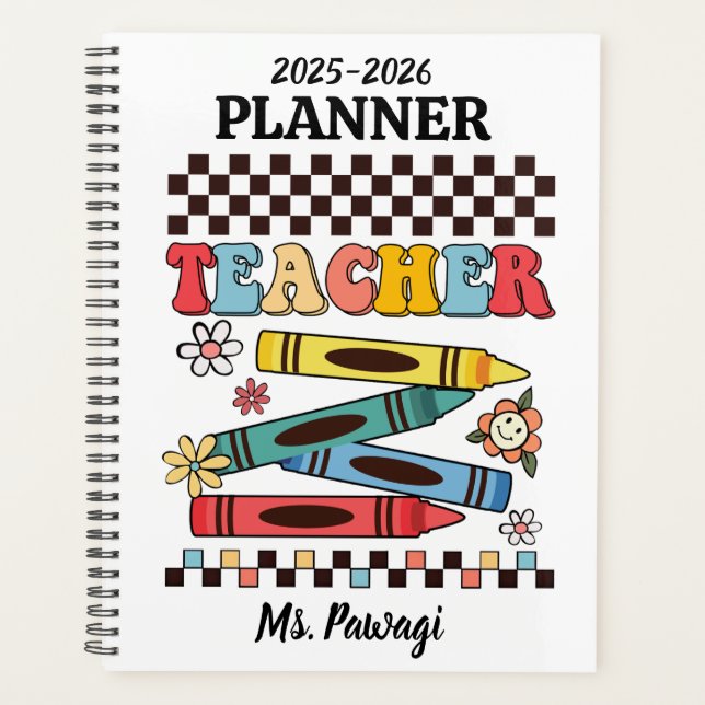 Retro groovy crayons flowers chequerboard teacher planner (Front)
