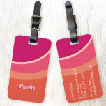 Retro Groovy Curve Pink Orange Personalised Luggage Tag<br><div class="desc">Abstract modern groovy curved stripe design in shades of pink and orange with personalised name in a retro font. The custom name features a drop shadow in a contrasting colour for a fun 1970s 3D effect. Reverse has room for all you details - add any you want and leave off...</div>