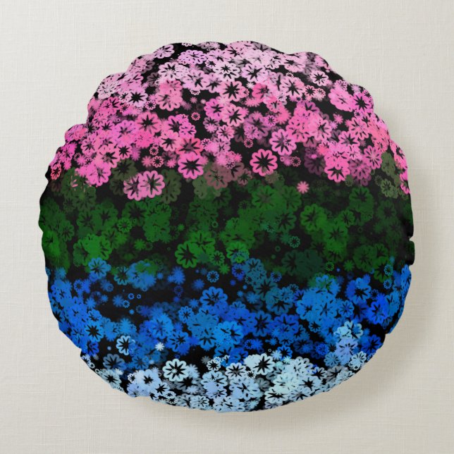 Retro Groovy Cute Floral Omniromantic Pride Flag Round Cushion (Front)