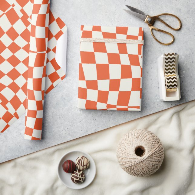 retro groovy cute orange wavy checkered  wrapping paper (Crafts)