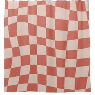 Retro Groovy Cute Peach wavy checkered Pattern Shower Curtain