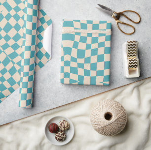 retro groovy cute turquoise blue wavy checkered wrapping paper