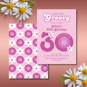 Retro Groovy Daisies Bold Pink 30th Birthday Invitation