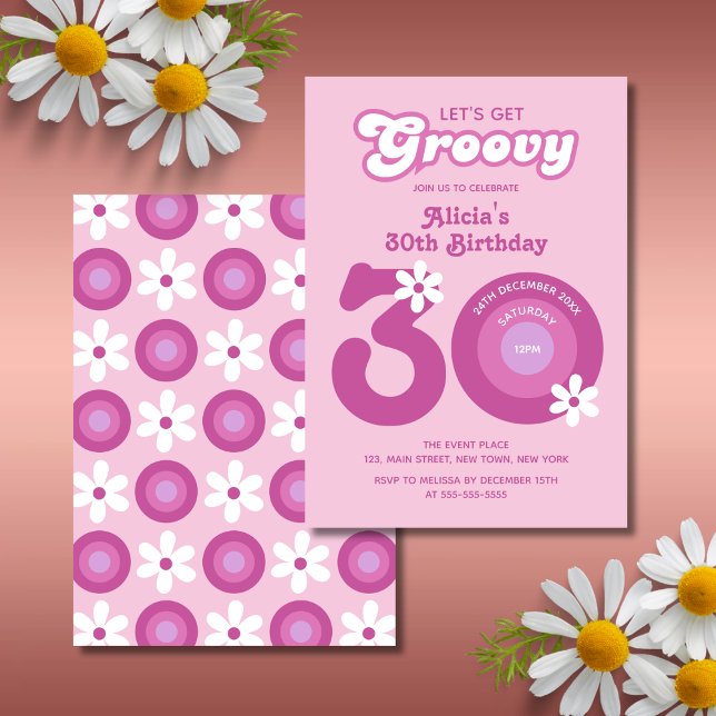 Retro Groovy Daisies Bold Pink 30th Birthday Invitation (Creator Uploaded)