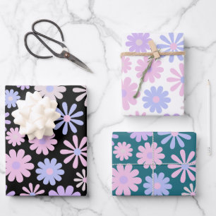 Retro Groovy Daisies Soft Pink Blue Purple Wrapping Paper Sheet