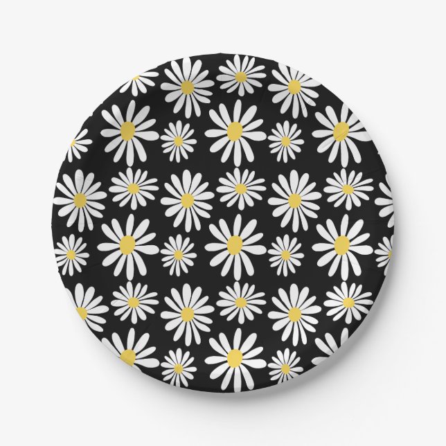 Retro Groovy Daisies Spring Daisy Boho Black Paper Plate (Front)