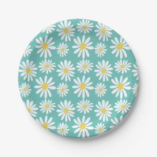 Retro Groovy Daisies Spring Daisy Boho Light Blue Paper Plate