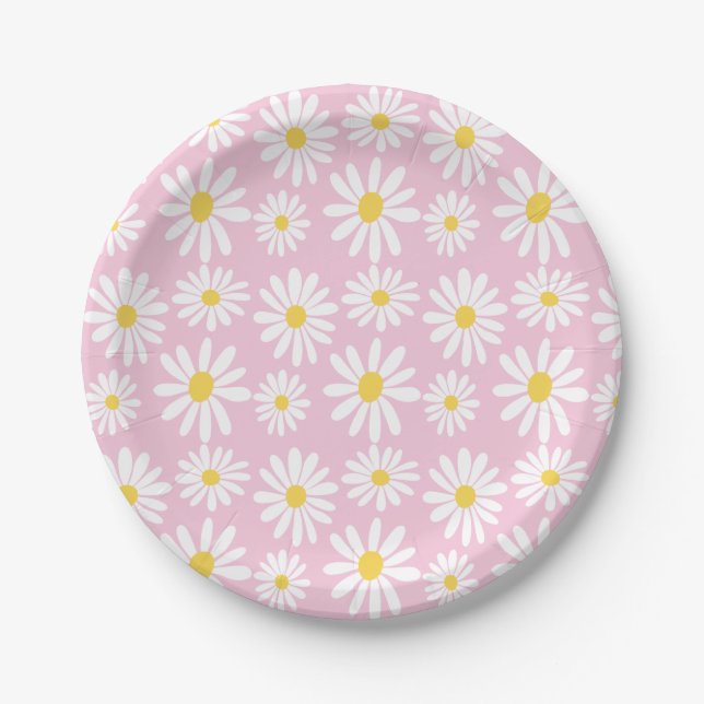Retro Groovy Daisies Spring Daisy Boho Light Pink Paper Plate (Front)
