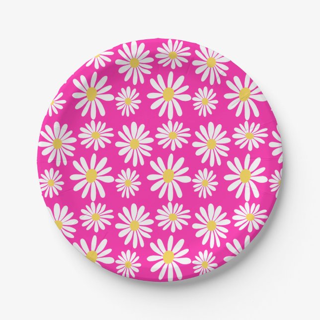 Retro Groovy Daisies Spring Daisy Boho Pink   Paper Plate (Front)