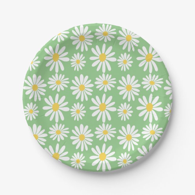 Retro Groovy Daisies Spring Daisy Boho Sage Paper Plate (Front)