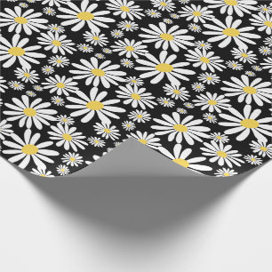 Retro Groovy Daisies Spring Pattern Black Wrapping Paper