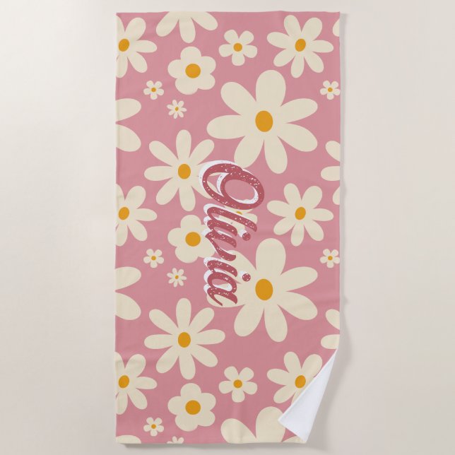 Retro groovy daisy boho desert pink personalised beach towel (Front)