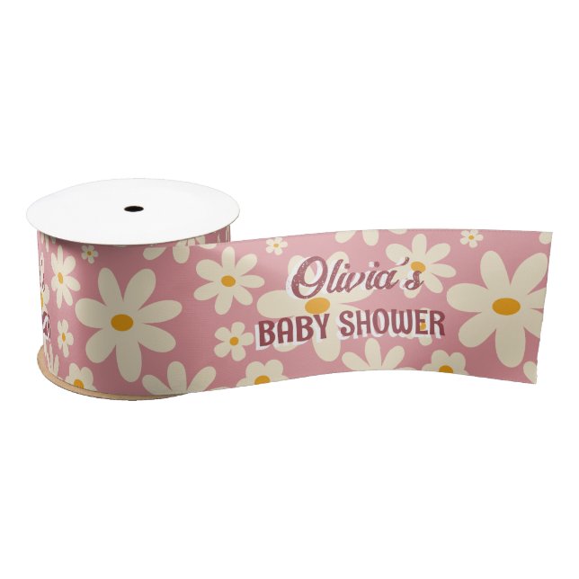 Retro groovy daisy boho desert pink satin ribbon (Spool)