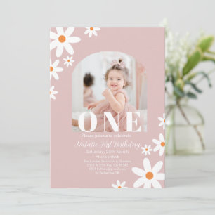 Retro Groovy Daisy Boho photo Girl 1st Birthday Invitation
