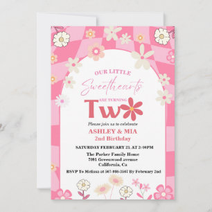 Retro Groovy Daisy Boho Twin 2nd Birthday Invitation